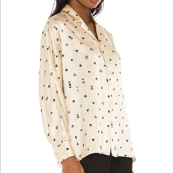 Revolve - Tell Your Friends Dolman Silk Shirt in Plaisantin Cream & Black - Picture 6 of 8